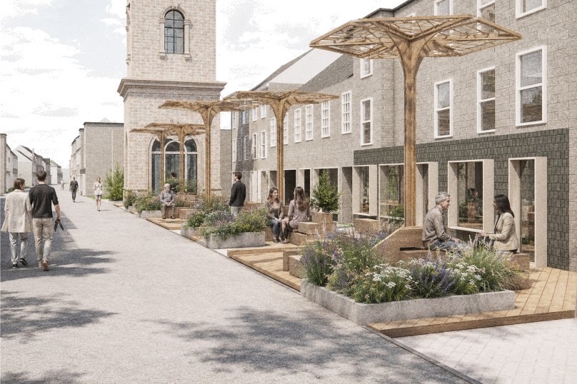 Proposed landscape intervention on Forres High Street, showing seating, planting and sheltered public spaces along the building–street edge.