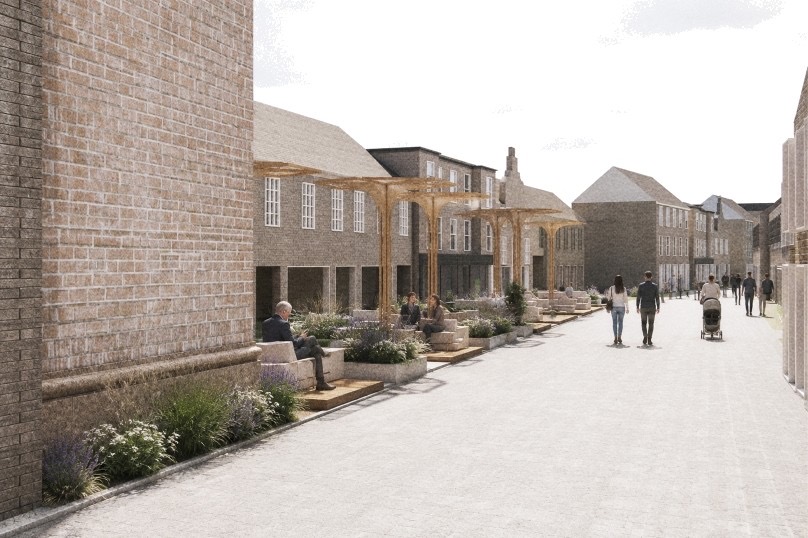 Wider street view of the proposed interventions on Forres High Street, showing planted edges, seating and pedestrian spaces.