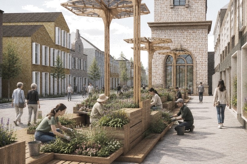 Street-level view of the proposed public space on Forres High Street, with sheltered seating, planting and places to rest.