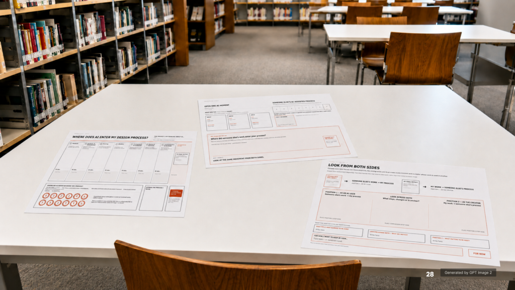 AI-generated visualisation of the printed Trace the Line workshop sheets in a facilitated setting.