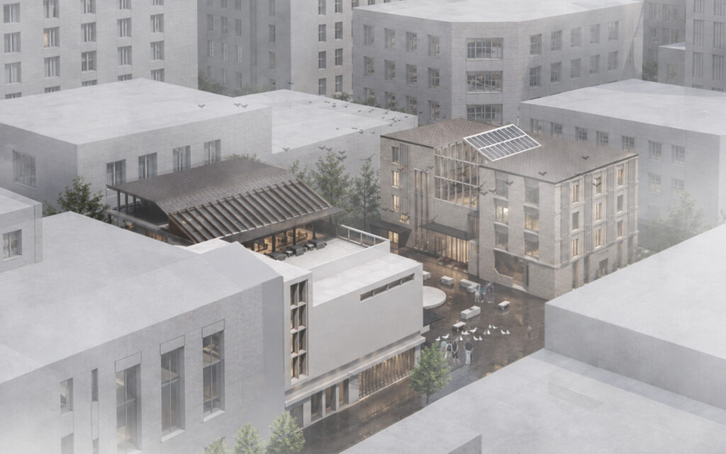 Bird’s-eye view of the Glasgow Citizens’ Cultural Music Hall on Sauchiehall Street, showing the relationship between the new and existing buildings and the surrounding urban context.