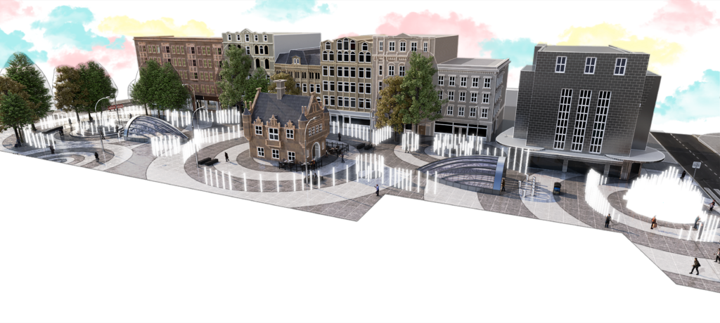 Aerial perspective of a redesigned urban square in Glasgow, showing circular ground patterns, curved structures and numerous vertical columns surrounding existing historic and contemporary buildings.