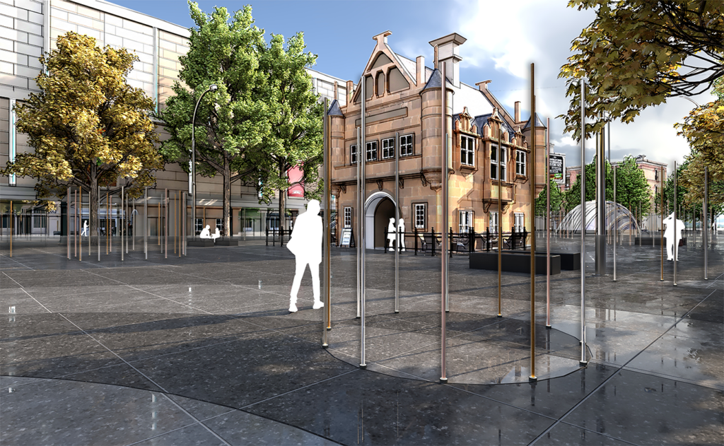 Pedestrian view of a Glasgow urban square with slender vertical columns arranged around a historic stone building, with curved structures and trees visible in the background.