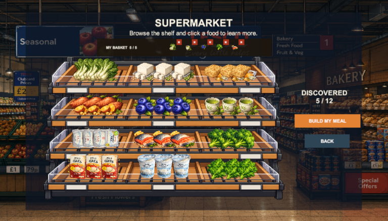 A pixel-art supermarket game screen showing a food shelf with vegetables, fruit, tofu, oats, yoghurt and other ingredients that players can select to build a healthy meal.