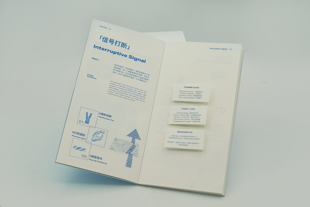 An open publication displaying the Interruptive Signal family across a double-page spread, with bilingual typography, blue graphic elements and three raised paper annotation blocks on the right-hand page.