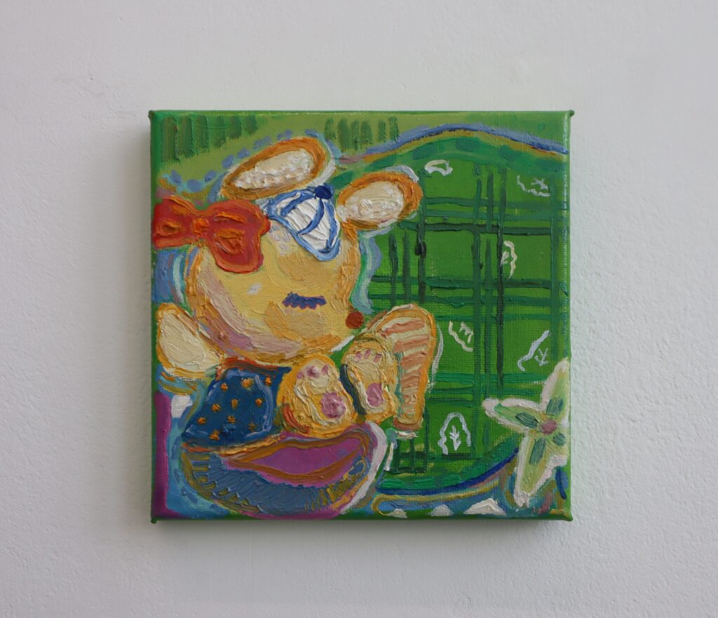 Oil painting composed of seven small animal motifs arranged together — a horse, a rabbit, a turtle, a fish, an ant, a swallow, and a frog — each rendered as an individual fragment of childhood memory