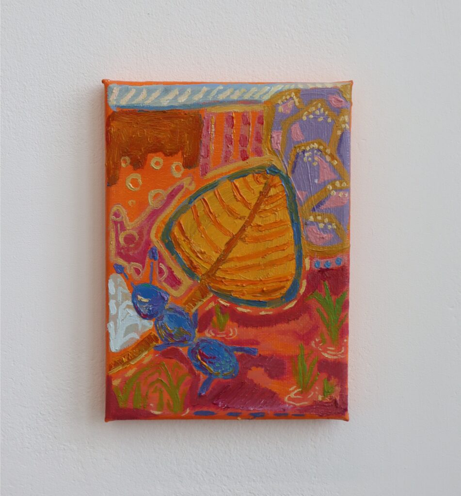 Oil painting composed of seven small animal motifs arranged together — a horse, a rabbit, a turtle, a fish, an ant, a swallow, and a frog — each rendered as an individual fragment of childhood memory