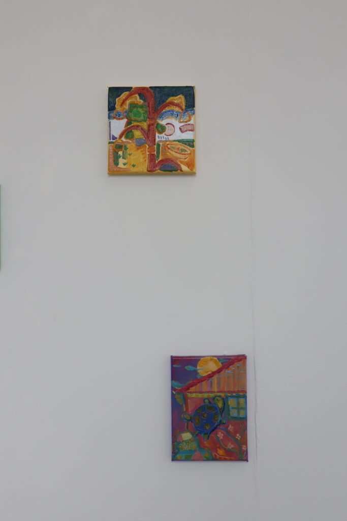 Oil painting composed of seven small animal motifs arranged together — a horse, a rabbit, a turtle, a fish, an ant, a swallow, and a frog — each rendered as an individual fragment of childhood memory