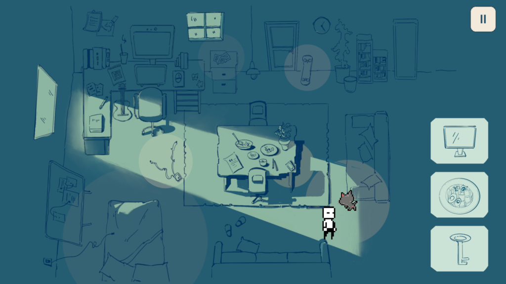 Main gameplay environment of Off Track, showing the player character navigating a room with visual distractions and task icons.