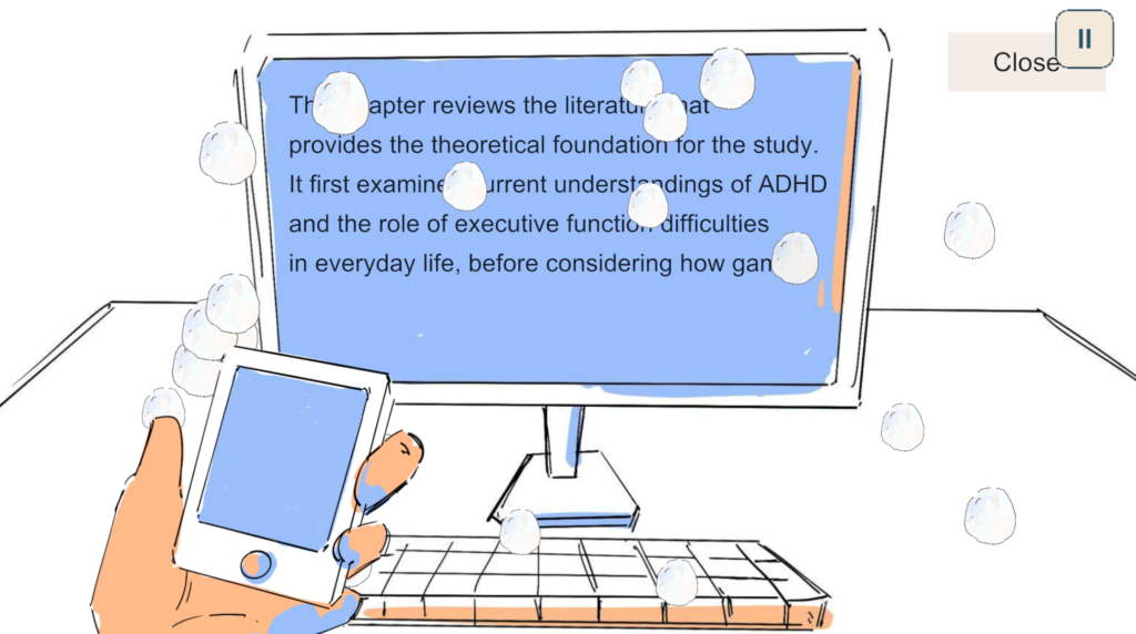 Writing Task showing a dissertation on the computer screen surrounded by white visual distractions, with a phone interrupting the writing process.