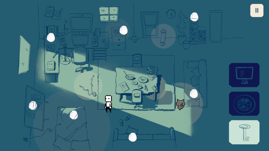 Finding the Key task showing the player searching a room while surrounded by white visual distractions and environmental elements.