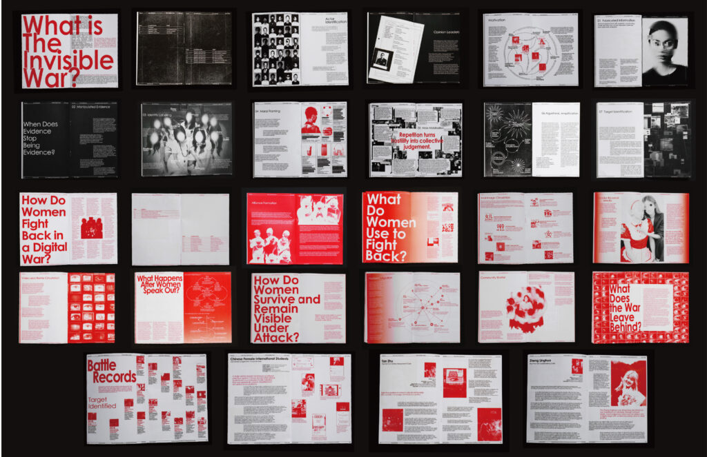 Interior spreads from The Invisible War, showing the final visual and content system across the three books. The pages include attack mechanisms, identity labelling, moral judgement, mass mobilisation, algorithmic amplification, women’s responses, mutual support, gender reversal, platform migration, and case records from different years. Through black and red, archival numbering, diagrams, timelines, and case pages, the project organises attack, response, survival, and long-term impact into a system that can be read and compared.